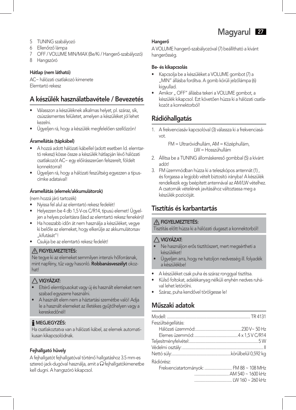 Magyarul, A készülék használatbavétele / bevezetés, Rádióhallgatás | Tisztítás és karbantartás, Műszaki adatok | AEG TR 4131 User Manual | Page 27 / 38