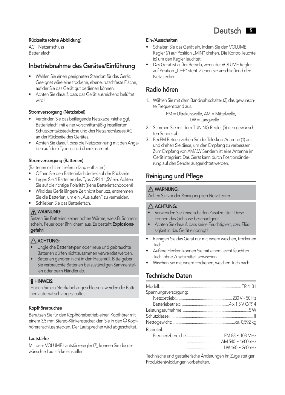 Deutsch, Inbetriebnahme des gerätes/einführung, Radio hören | Reinigung und pﬂ ege, Technische daten | AEG TR 4131 User Manual | Page 5 / 38