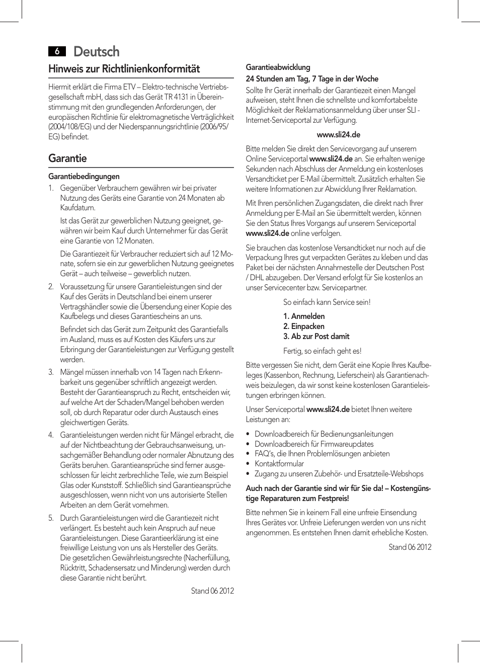 Deutsch, Hinweis zur richtlinienkonformität, Garantie | AEG TR 4131 User Manual | Page 6 / 38