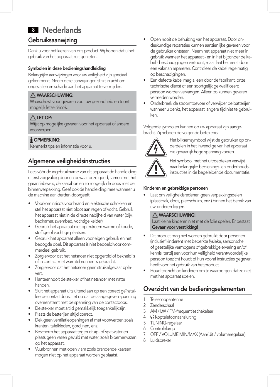 Nederlands, Gebruiksaanwjzing, Algemene veiligheidsinstructies | Overzicht van de bedieningselementen | AEG TR 4131 User Manual | Page 8 / 38