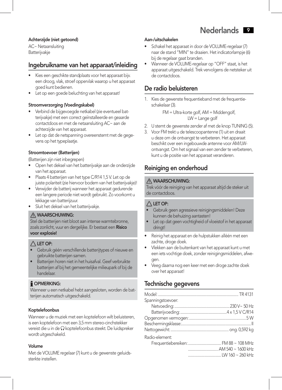 Nederlands, Ingebruikname van het apparaat/inleiding, De radio beluisteren | Reiniging en onderhoud, Technische gegevens | AEG TR 4131 User Manual | Page 9 / 38