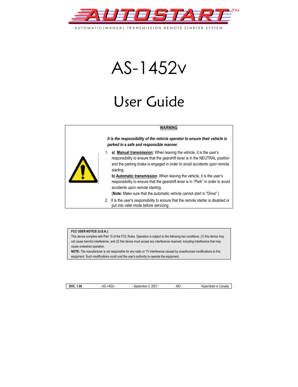 Autostart AS-1452v User Manual | 11 pages