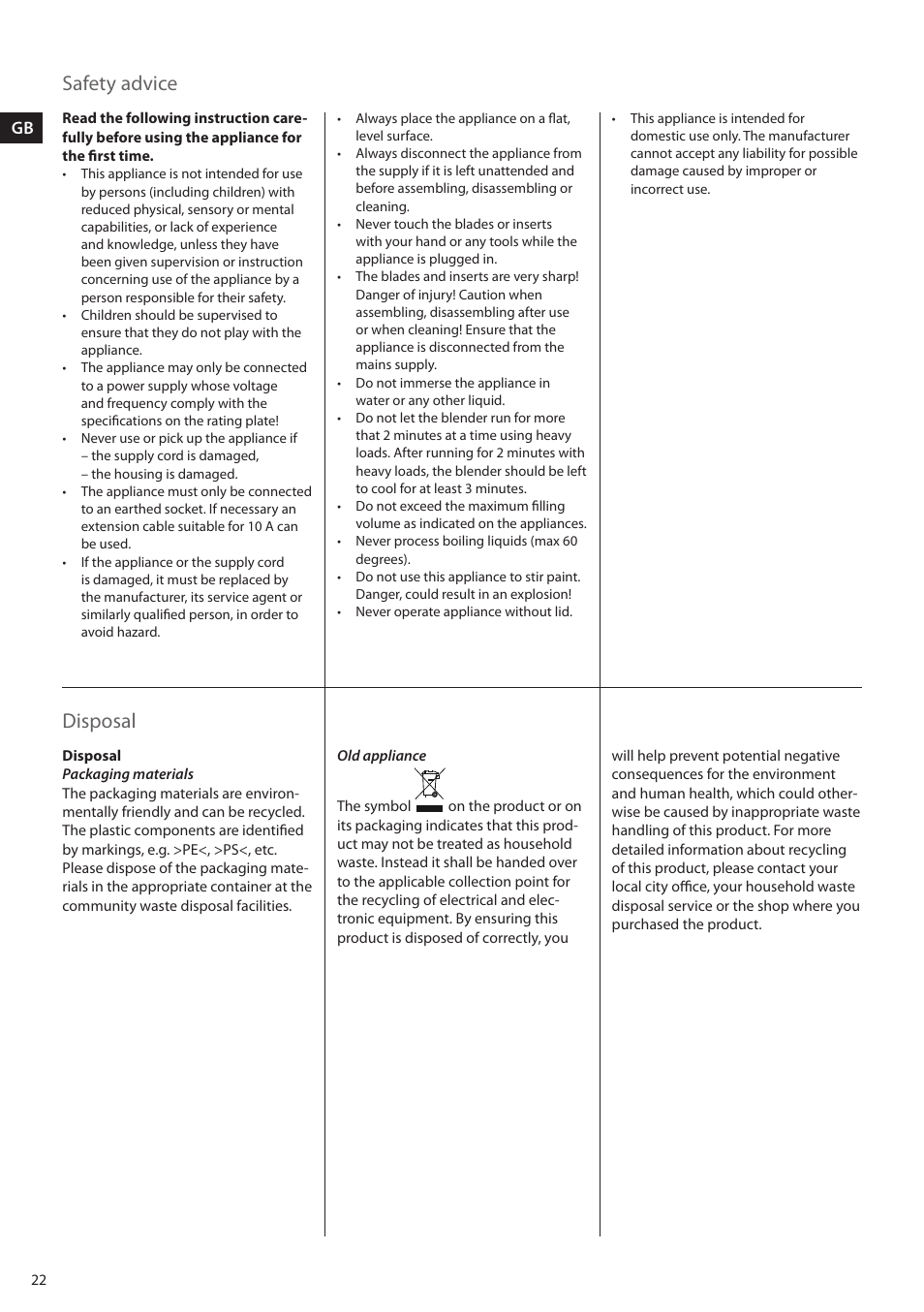 Safety advice, Disposal | AEG FP5200 User Manual | Page 22 / 28