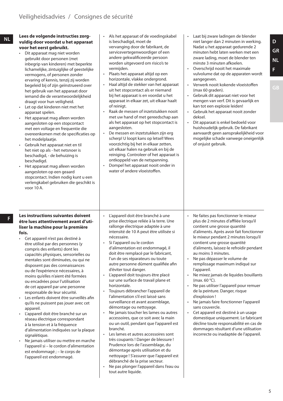 Veiligheidsadvies, Consignes de sécurité, D gr nl f gb | AEG FP5200 User Manual | Page 5 / 28