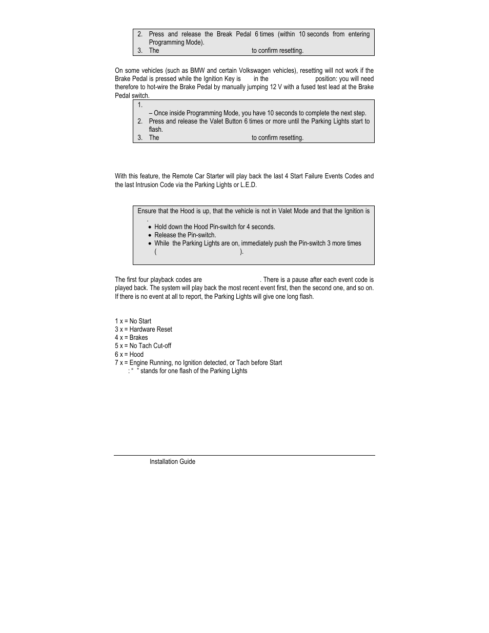 Events logging, Events playback, Start failure codes through the parking lights | Autostart MANUAL TRANSMISSION REMOTE STARTER AS-1785 User Manual | Page 23 / 24