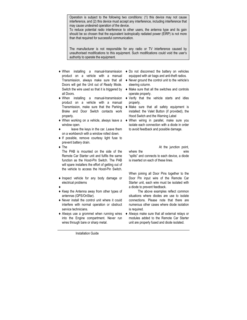 Installation points to remember | Autostart MANUAL TRANSMISSION REMOTE STARTER AS-1785 User Manual | Page 3 / 24