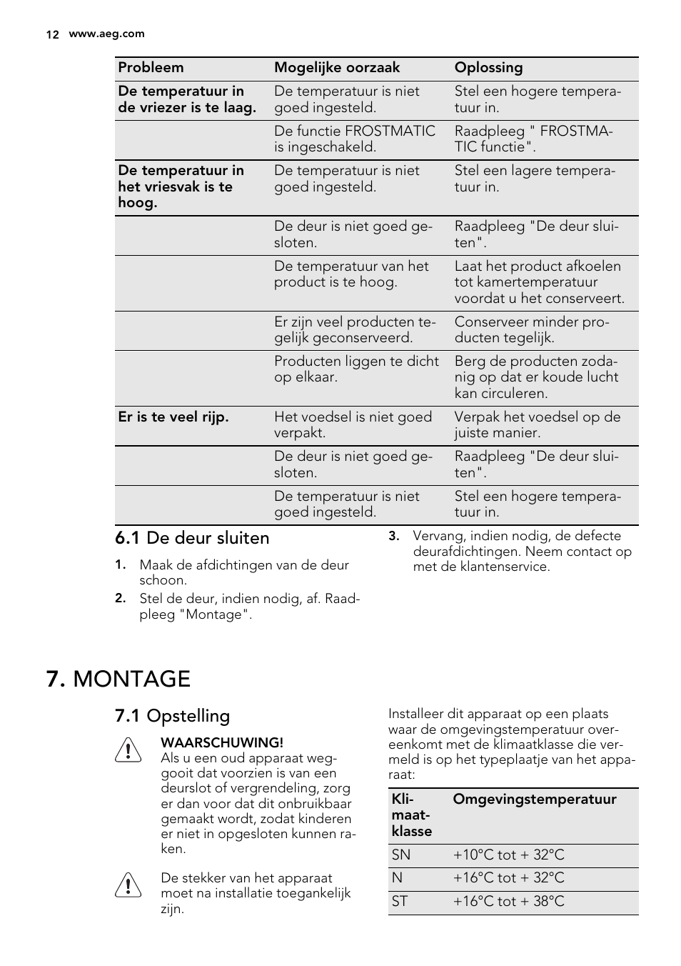 Montage, 1 de deur sluiten, 1 opstelling | AEG AGS58200F0 User Manual | Page 12 / 88