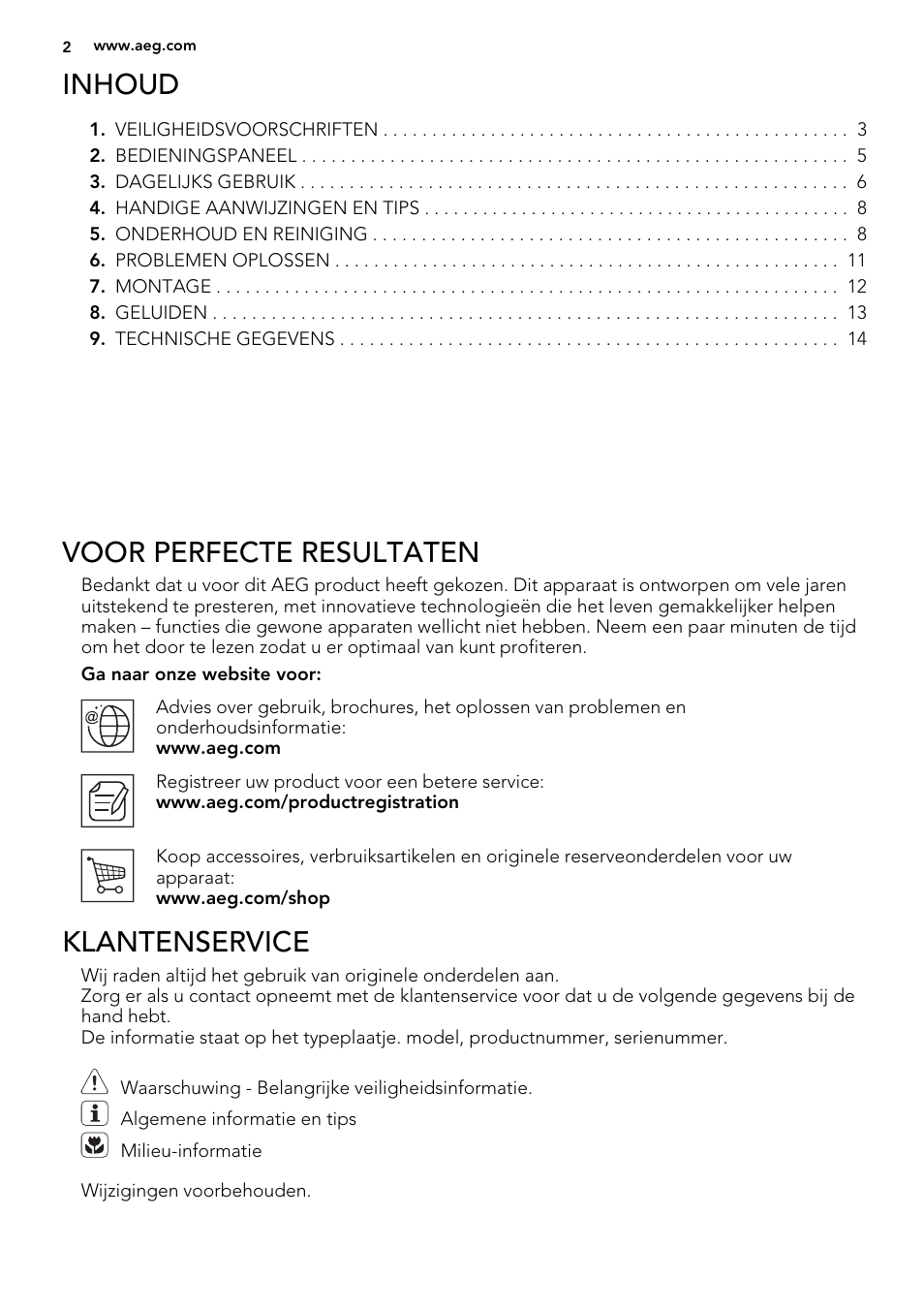 Inhoud, Voor perfecte resultaten, Klantenservice | AEG AGS58200F0 User Manual | Page 2 / 88