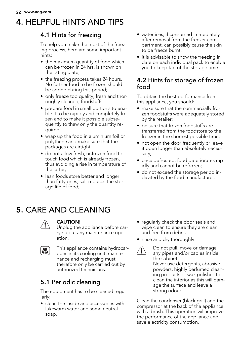 Helpful hints and tips, Care and cleaning, 1 hints for freezing | 2 hints for storage of frozen food, 1 periodic cleaning | AEG AGS58200F0 User Manual | Page 22 / 88