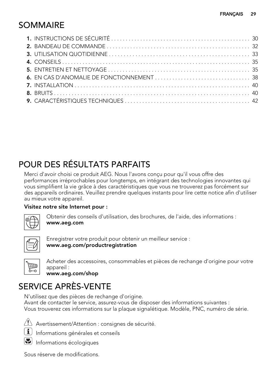 Sommaire, Pour des résultats parfaits, Service après-vente | AEG AGS58200F0 User Manual | Page 29 / 88