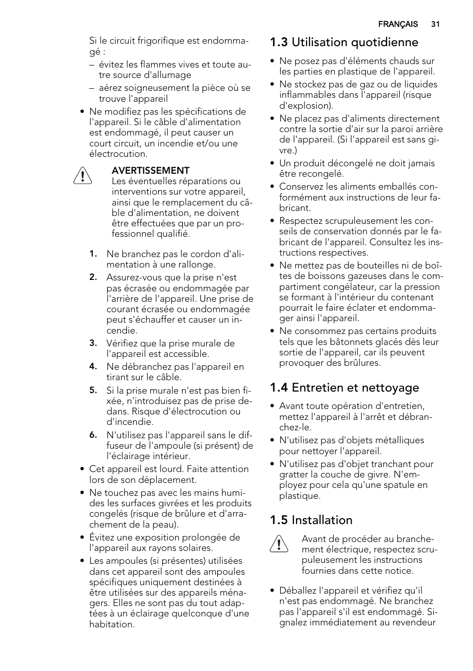 3 utilisation quotidienne, 4 entretien et nettoyage, 5 installation | AEG AGS58200F0 User Manual | Page 31 / 88