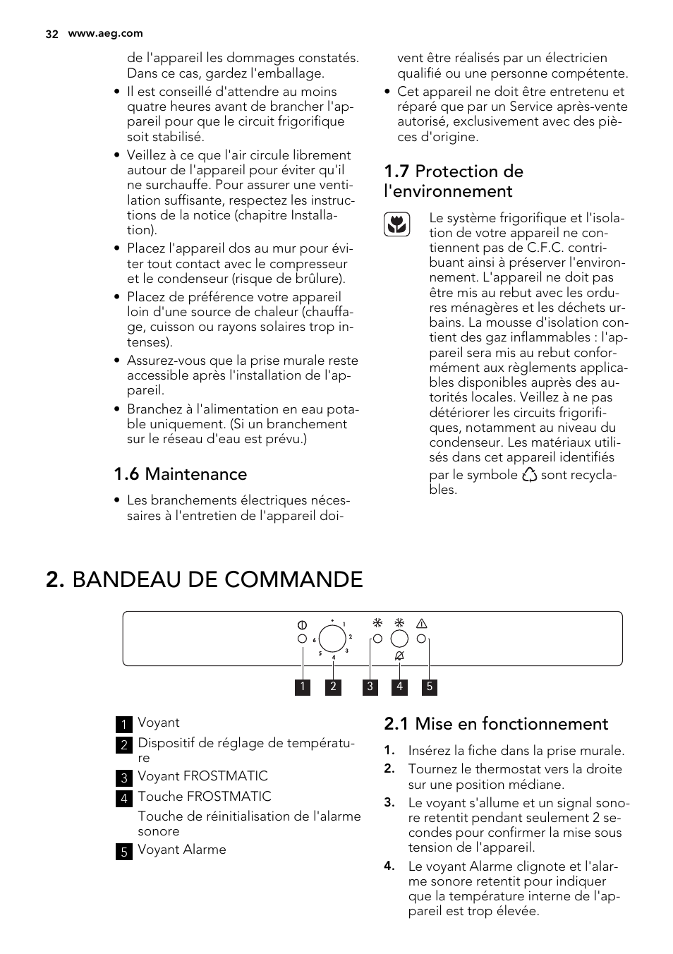 Bandeau de commande, 6 maintenance, 7 protection de l'environnement | 1 mise en fonctionnement | AEG AGS58200F0 User Manual | Page 32 / 88