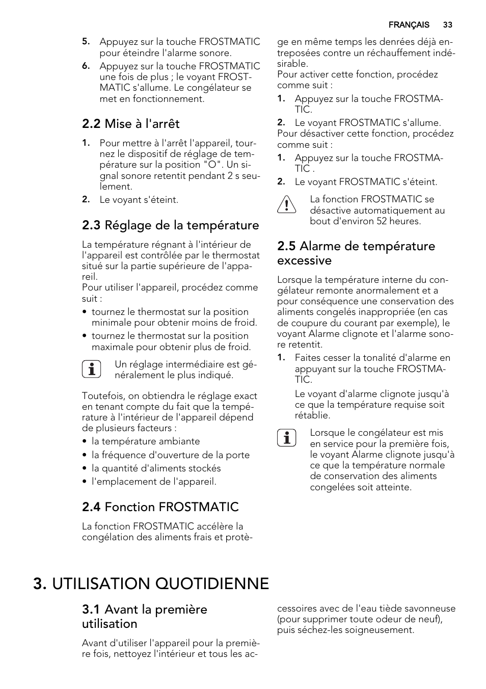 Utilisation quotidienne, 2 mise à l'arrêt, 3 réglage de la température | 4 fonction frostmatic, 5 alarme de température excessive, 1 avant la première utilisation | AEG AGS58200F0 User Manual | Page 33 / 88