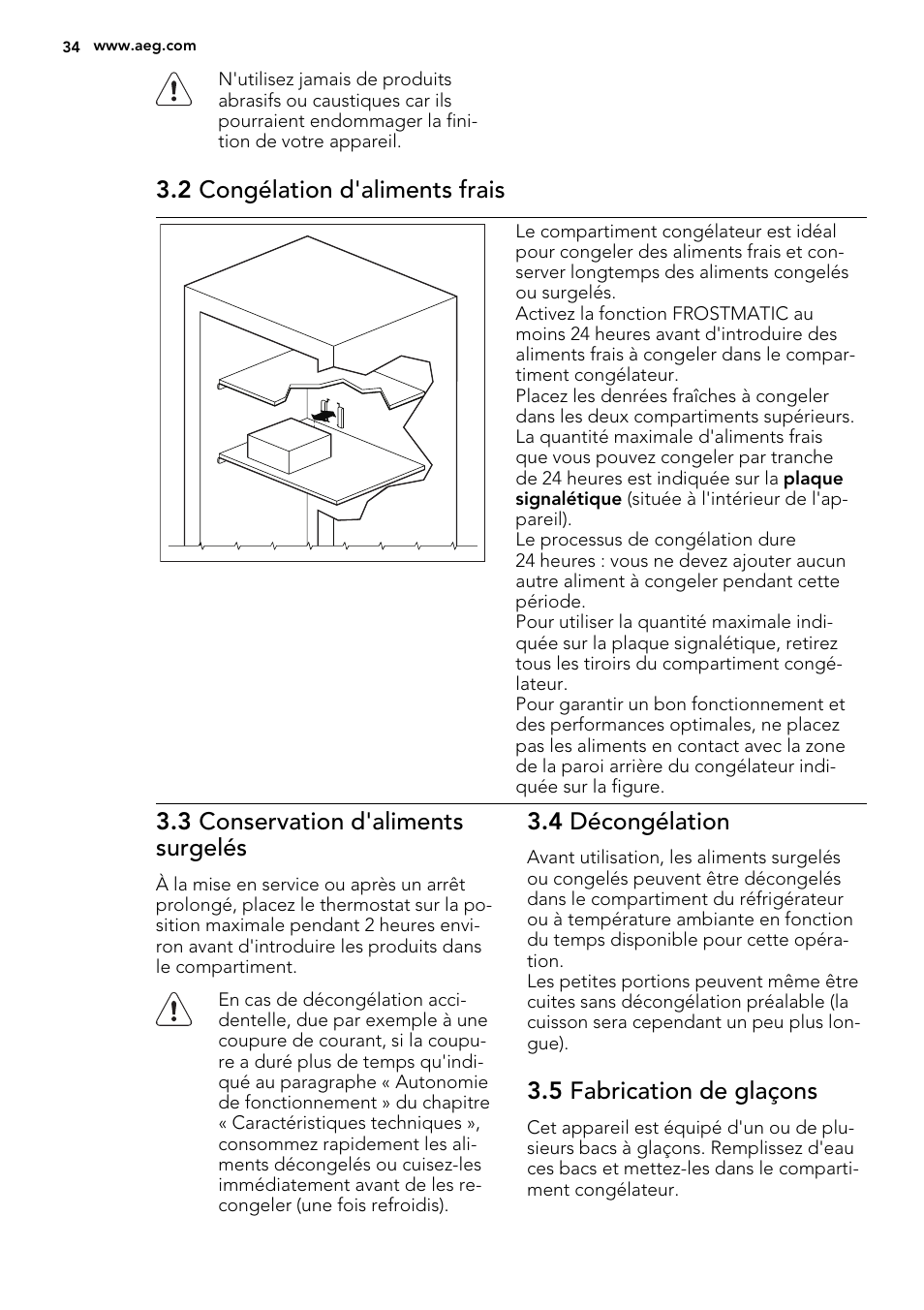 2 congélation d'aliments frais, 3 conservation d'aliments surgelés, 4 décongélation | 5 fabrication de glaçons | AEG AGS58200F0 User Manual | Page 34 / 88