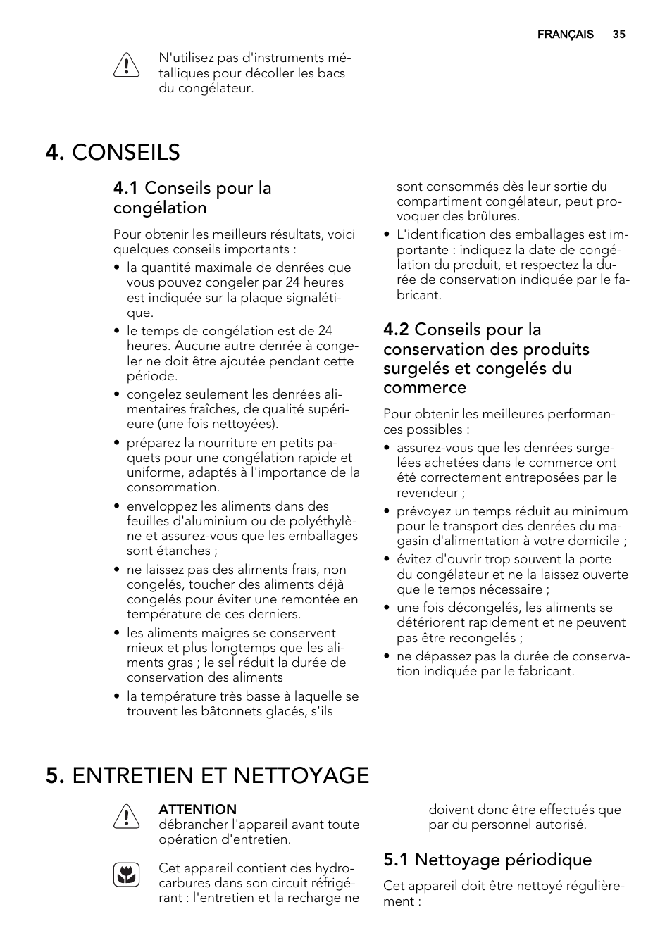 Conseils, Entretien et nettoyage, 1 conseils pour la congélation | 1 nettoyage périodique | AEG AGS58200F0 User Manual | Page 35 / 88