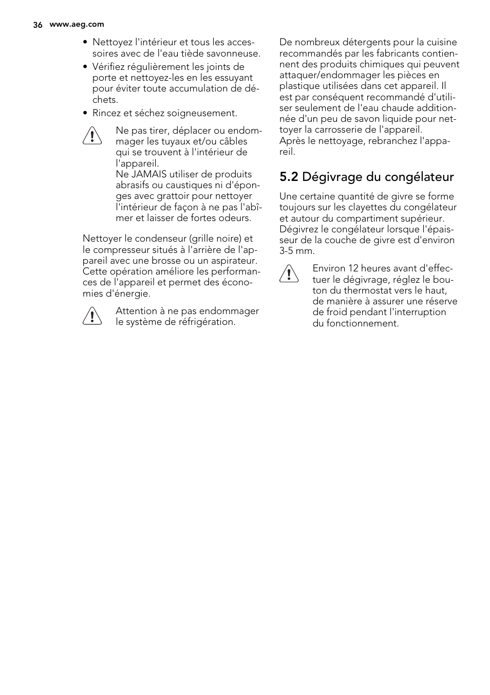 2 dégivrage du congélateur | AEG AGS58200F0 User Manual | Page 36 / 88