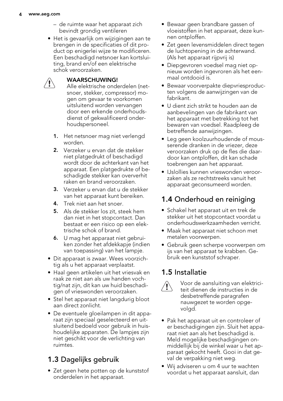 3 dagelijks gebruik, 4 onderhoud en reiniging, 5 installatie | AEG AGS58200F0 User Manual | Page 4 / 88