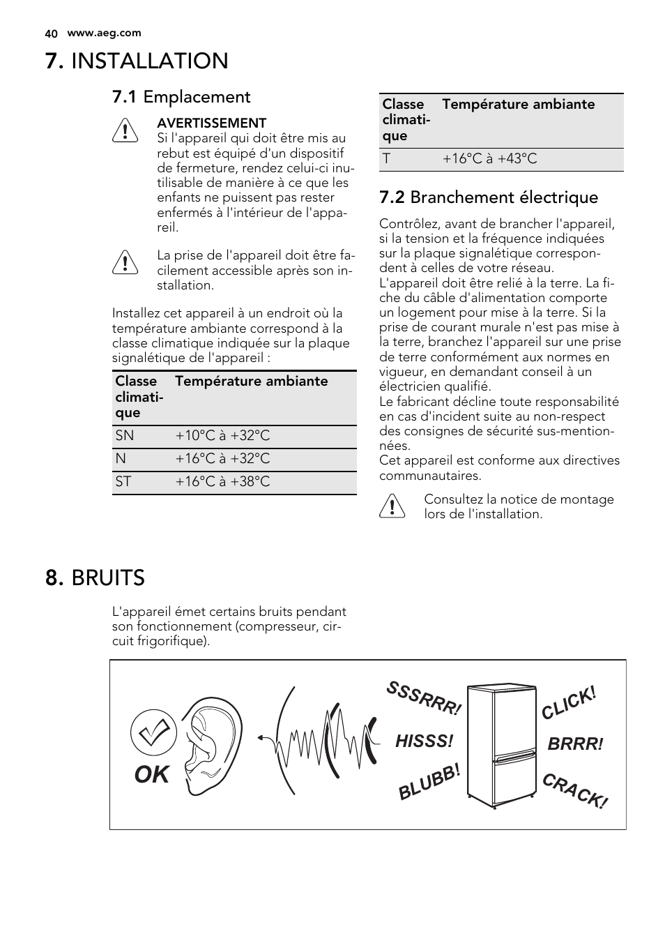 Installation, Bruits | AEG AGS58200F0 User Manual | Page 40 / 88