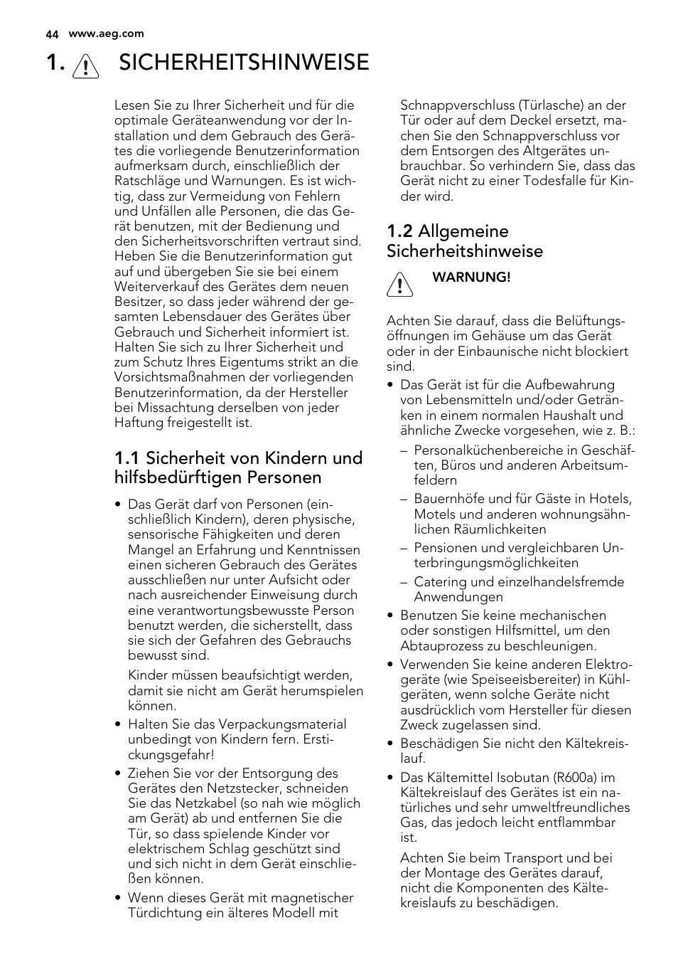 Sicherheitshinweise, 2 allgemeine sicherheitshinweise | AEG AGS58200F0 User Manual | Page 44 / 88