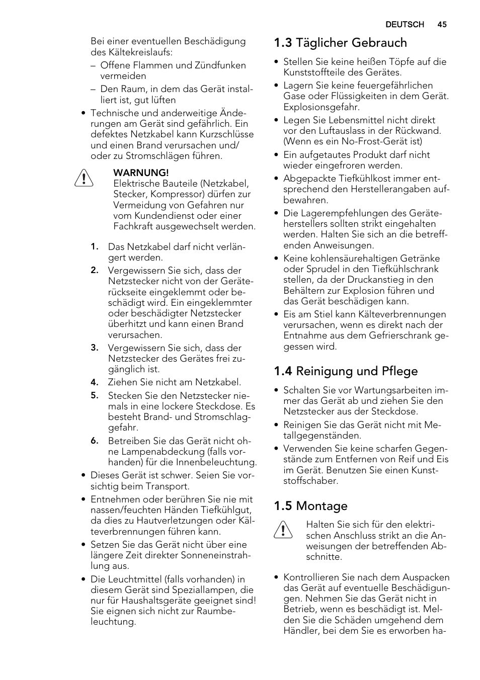 3 täglicher gebrauch, 4 reinigung und pflege, 5 montage | AEG AGS58200F0 User Manual | Page 45 / 88