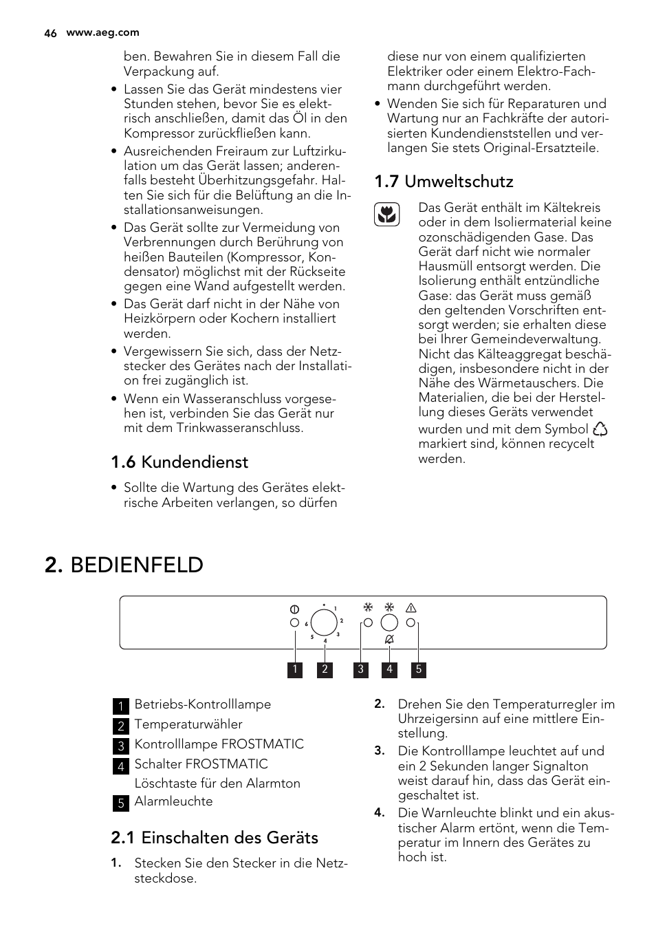 Bedienfeld, 6 kundendienst, 7 umweltschutz | 1 einschalten des geräts | AEG AGS58200F0 User Manual | Page 46 / 88