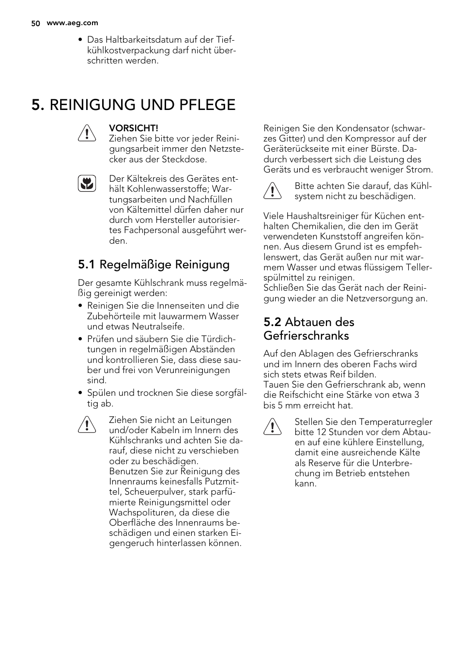 Reinigung und pflege, 1 regelmäßige reinigung, 2 abtauen des gefrierschranks | AEG AGS58200F0 User Manual | Page 50 / 88