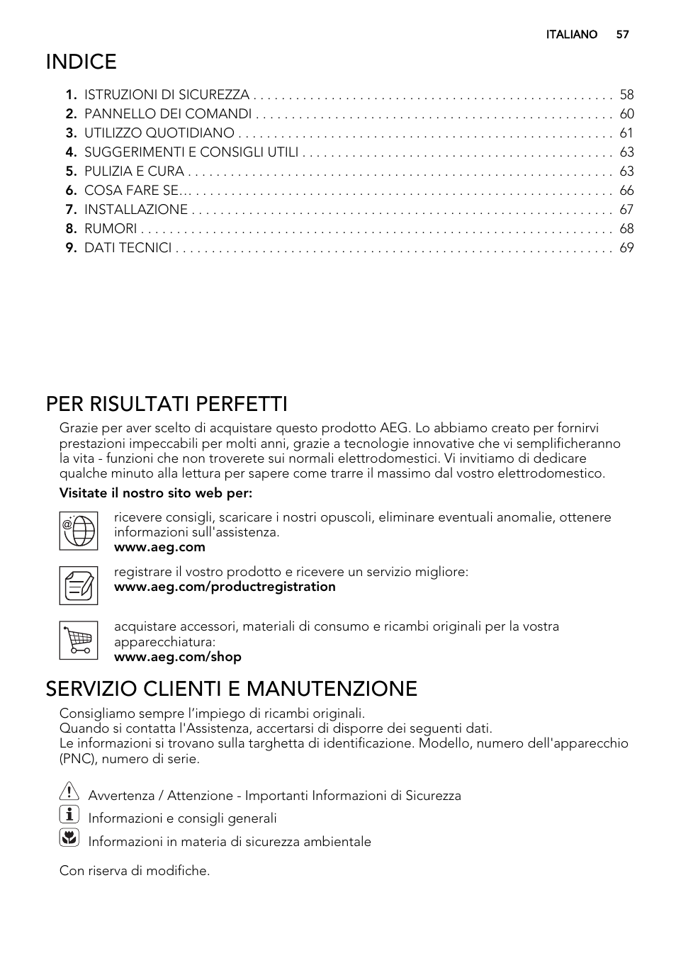 Indice, Per risultati perfetti, Servizio clienti e manutenzione | AEG AGS58200F0 User Manual | Page 57 / 88