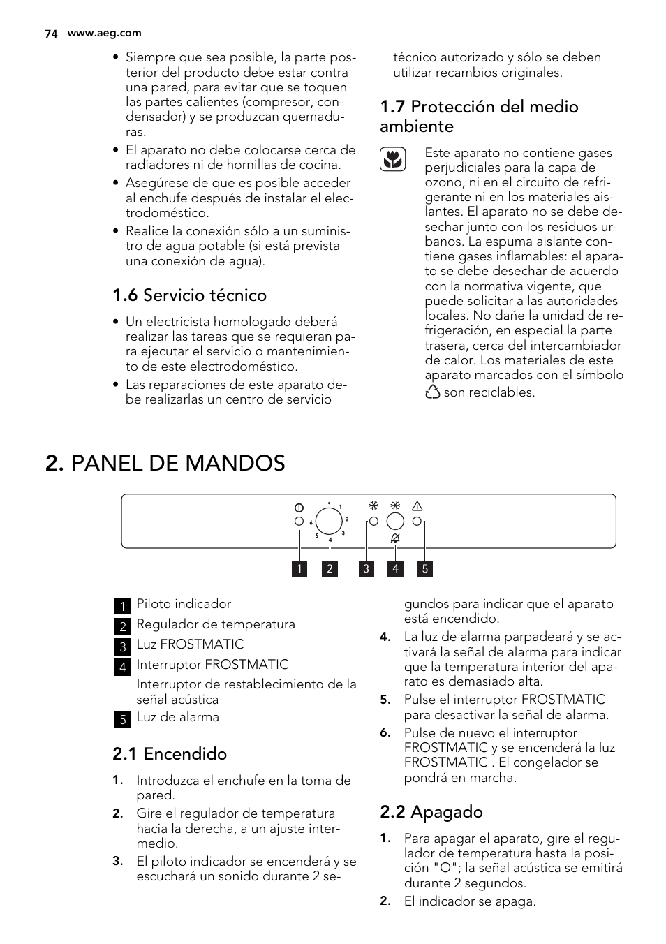 Panel de mandos, 6 servicio técnico, 7 protección del medio ambiente | 1 encendido, 2 apagado | AEG AGS58200F0 User Manual | Page 74 / 88