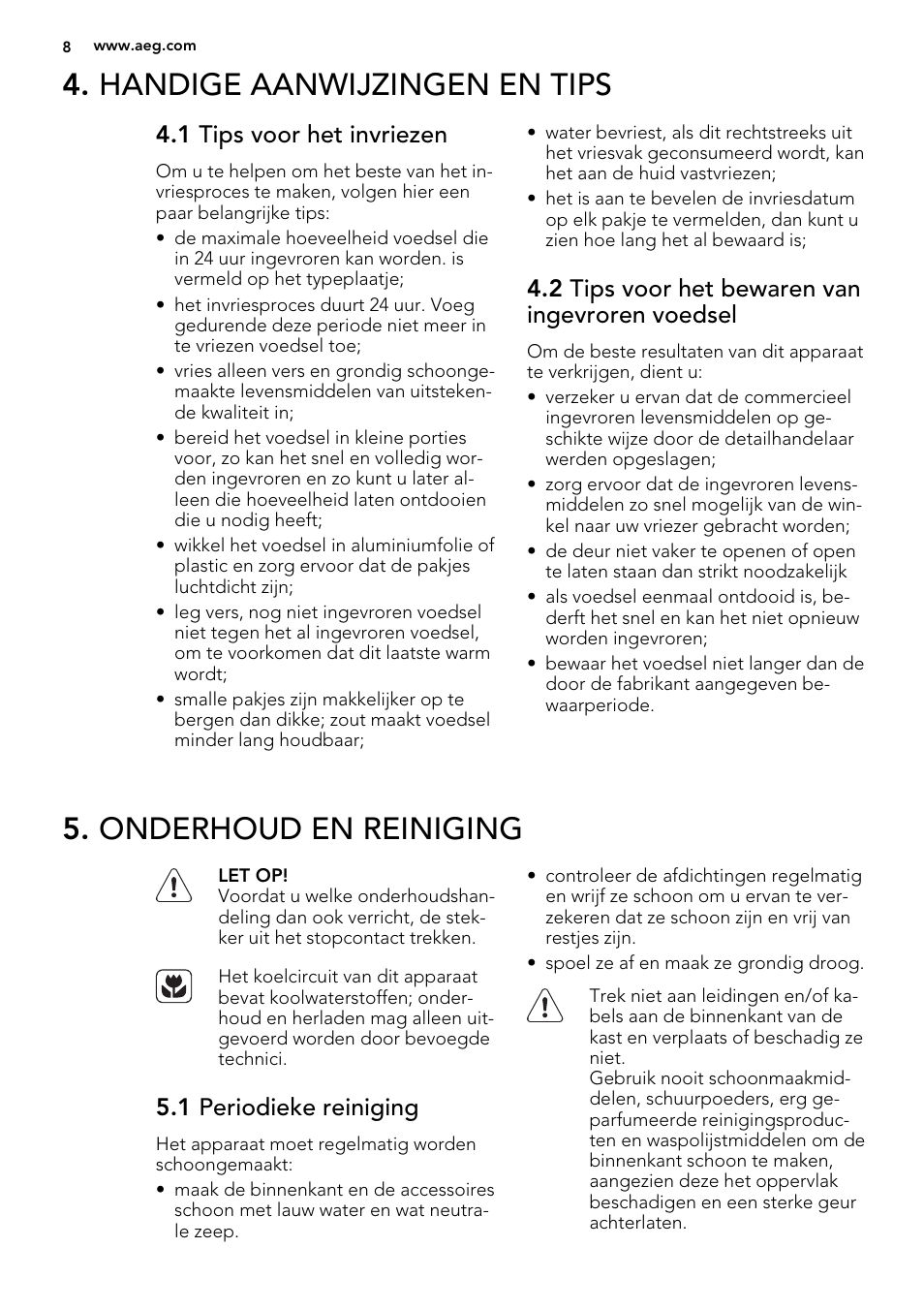 Handige aanwijzingen en tips, Onderhoud en reiniging, 1 tips voor het invriezen | 2 tips voor het bewaren van ingevroren voedsel, 1 periodieke reiniging | AEG AGS58200F0 User Manual | Page 8 / 88