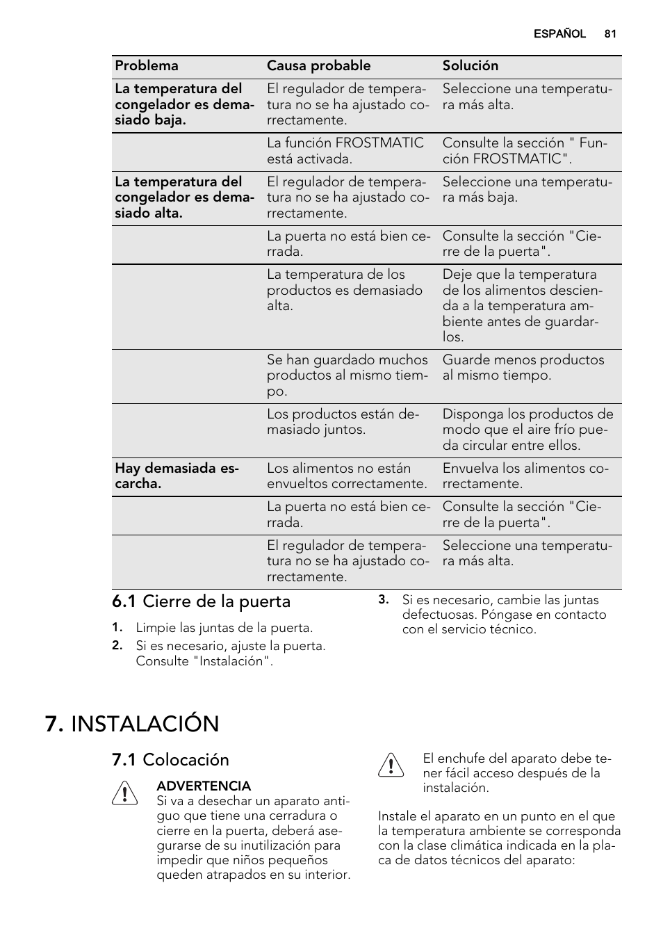 Instalación, 1 cierre de la puerta, 1 colocación | AEG AGS58200F0 User Manual | Page 81 / 88
