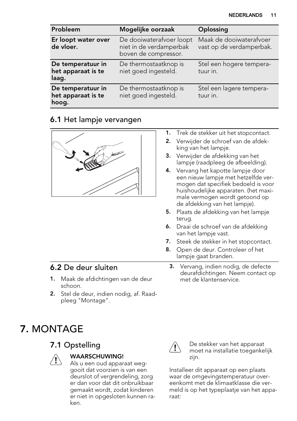 Montage, 1 het lampje vervangen, 2 de deur sluiten | 1 opstelling | AEG SKS51000S0 User Manual | Page 11 / 56