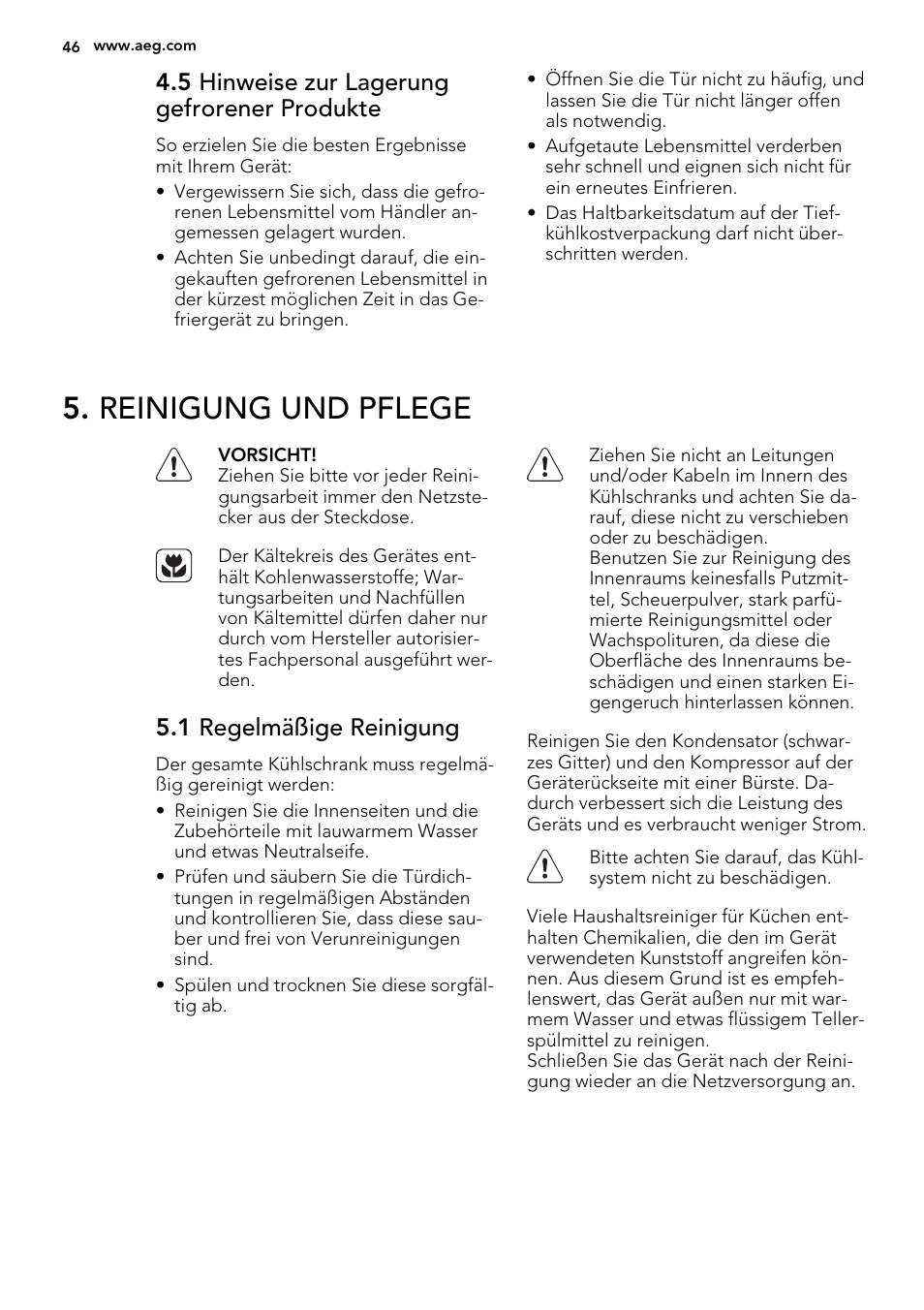 Reinigung und pflege, 5 hinweise zur lagerung gefrorener produkte, 1 regelmäßige reinigung | AEG SKS51000S0 User Manual | Page 46 / 56