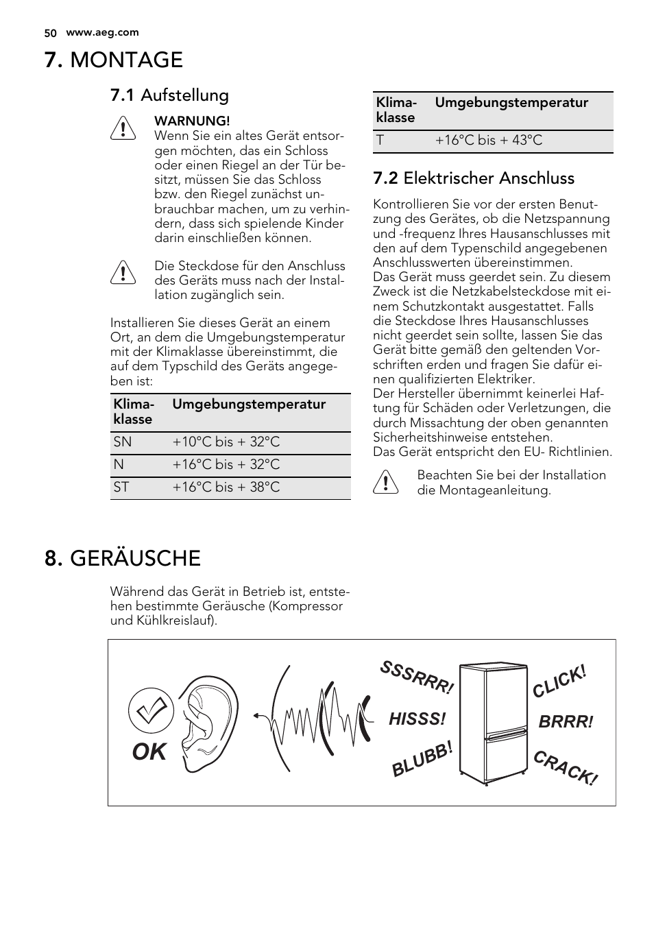Montage, Geräusche | AEG SKS51000S0 User Manual | Page 50 / 56