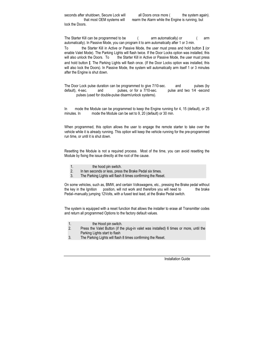 Passive or active arming starter kill, Lock pulse duration, Engine run time | Idle mode, Resetting the module (without the plug-in valet) | Autostart CT-3200 User Manual | Page 12 / 21