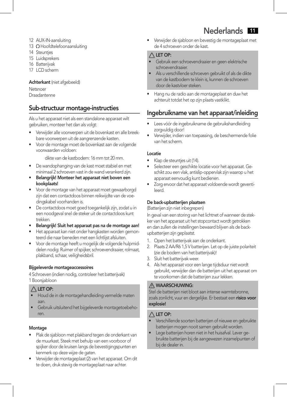 Nederlands, Sub-structuur montage-instructies, Ingebruikname van het apparaat/inleiding | AEG KRC 4344 User Manual | Page 11 / 58