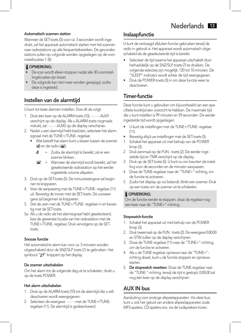 Nederlands, Instellen van de alarmtijd, Inslaapfunctie | Timer-functie, Aux in bus | AEG KRC 4344 User Manual | Page 13 / 58