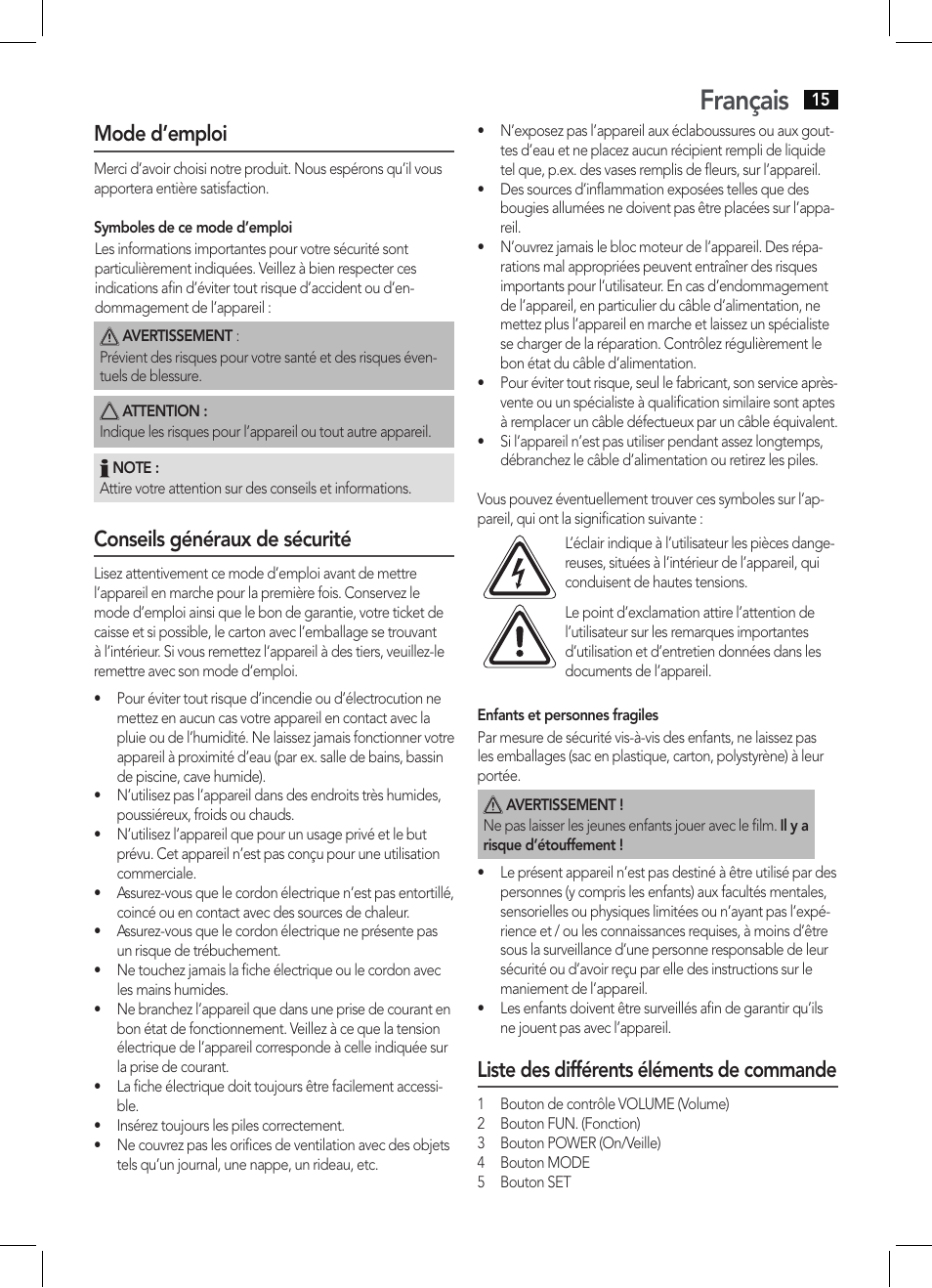 Français, Mode d’emploi, Conseils généraux de sécurité | Liste des différents éléments de commande | AEG KRC 4344 User Manual | Page 15 / 58