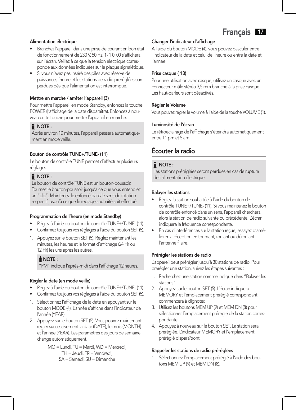 Français, Écouter la radio | AEG KRC 4344 User Manual | Page 17 / 58
