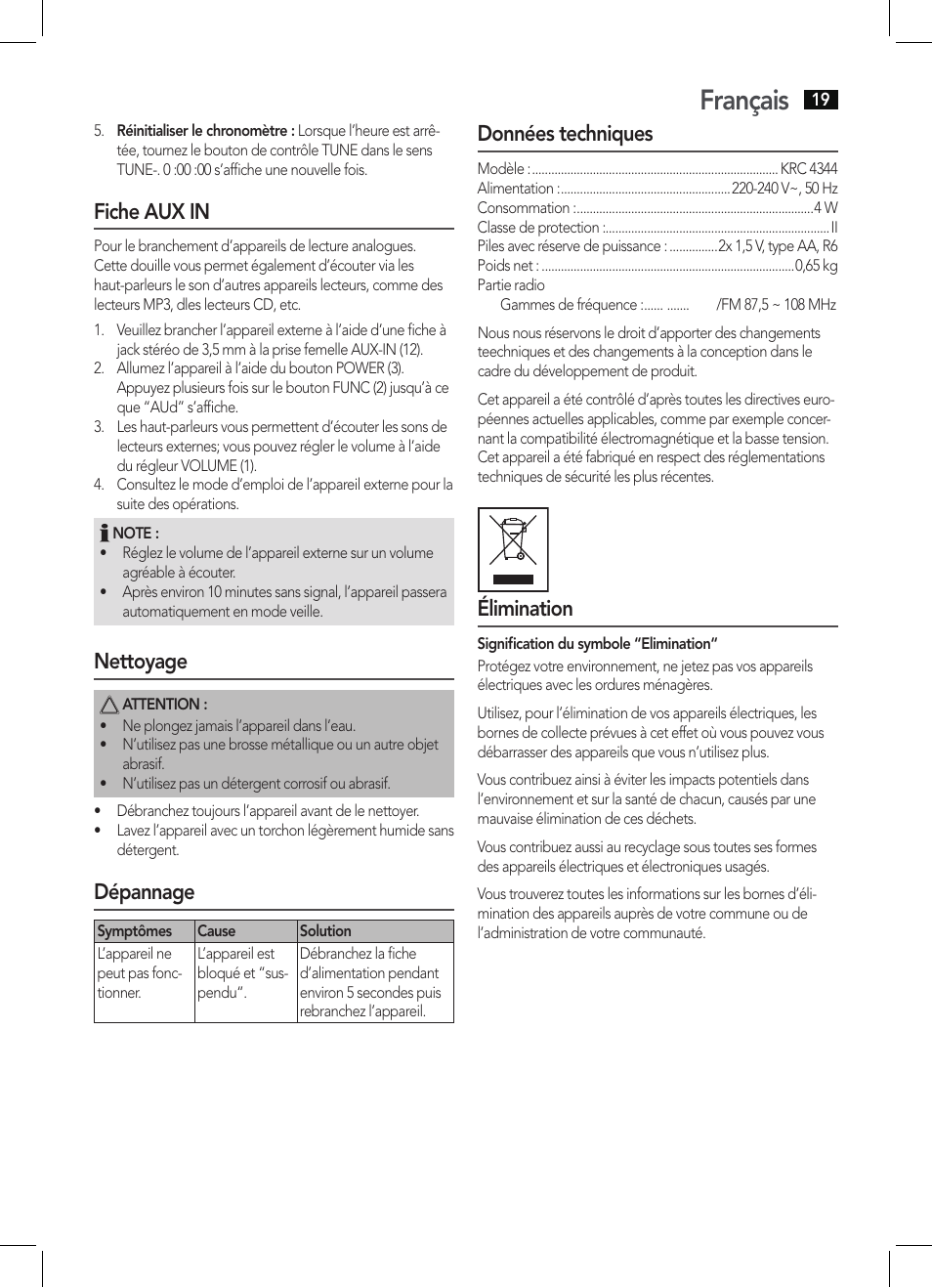 Français, Fiche aux in, Nettoyage | Dépannage, Données techniques, Élimination | AEG KRC 4344 User Manual | Page 19 / 58