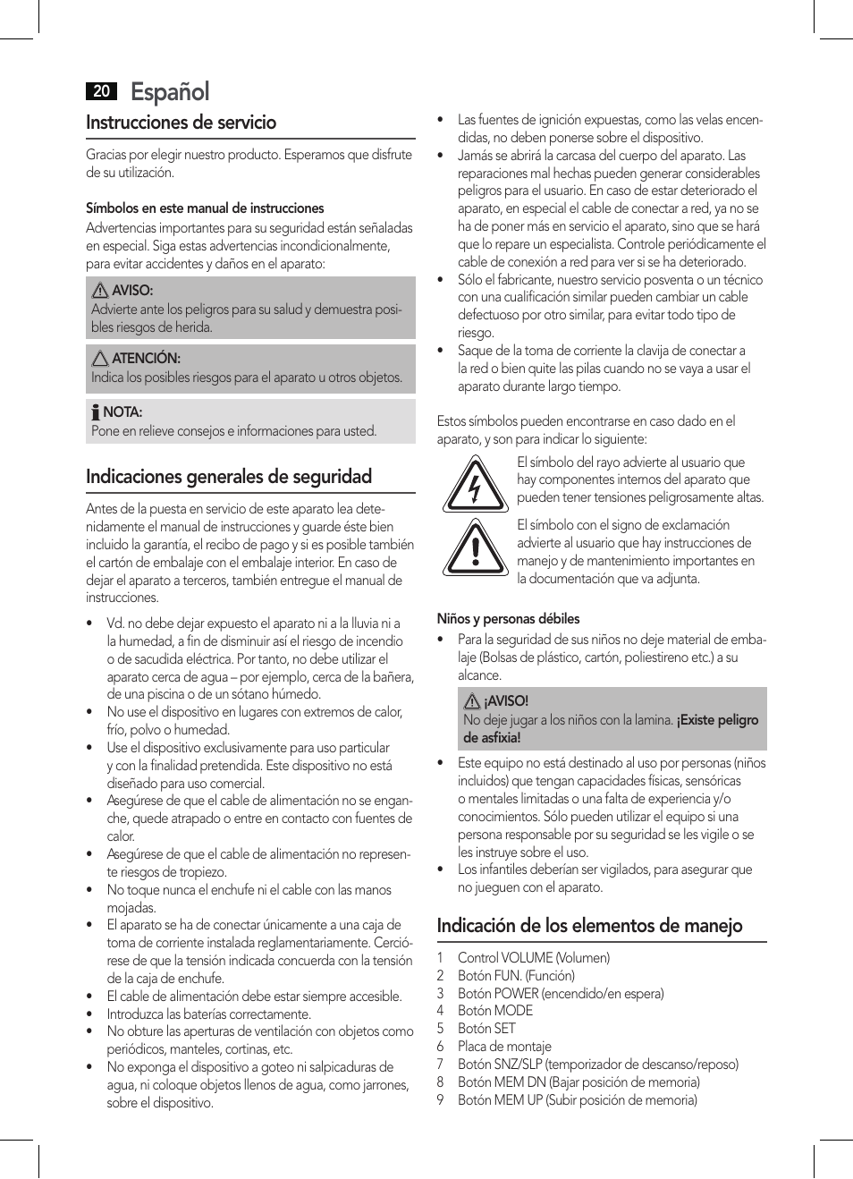 Español, Instrucciones de servicio, Indicaciones generales de seguridad | Indicación de los elementos de manejo | AEG KRC 4344 User Manual | Page 20 / 58