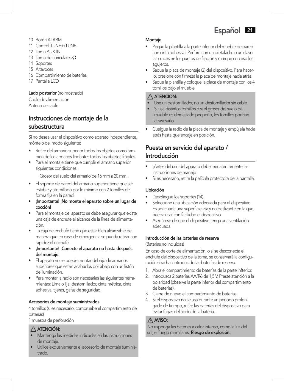 Español, Instrucciones de montaje de la subestructura, Puesta en servicio del aparato / introducción | AEG KRC 4344 User Manual | Page 21 / 58