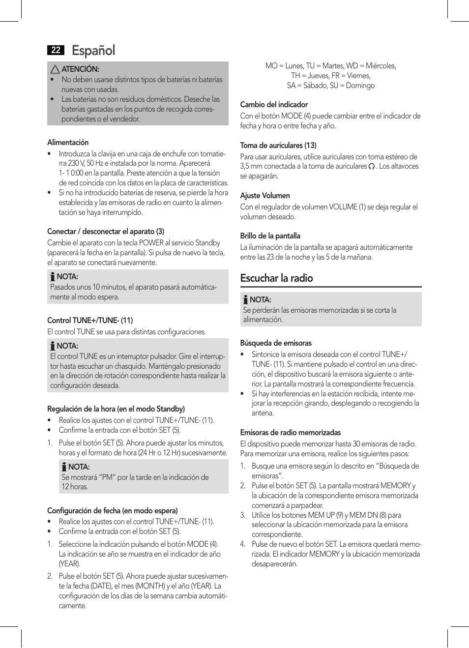 Español, Escuchar la radio | AEG KRC 4344 User Manual | Page 22 / 58