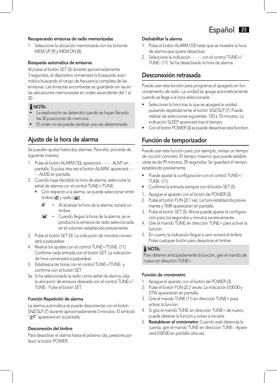 Español, Ajuste de la hora de alarma, Desconexión retrasada | Función de temporizador | AEG KRC 4344 User Manual | Page 23 / 58