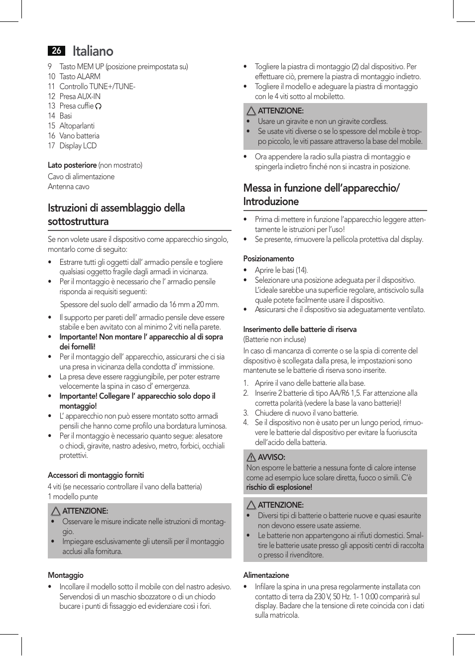 Italiano, Istruzioni di assemblaggio della sottostruttura, Messa in funzione dell’apparecchio/ introduzione | AEG KRC 4344 User Manual | Page 26 / 58