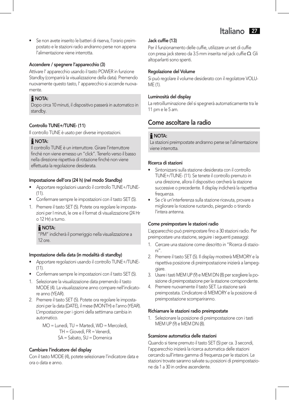 Italiano, Come ascoltare la radio | AEG KRC 4344 User Manual | Page 27 / 58