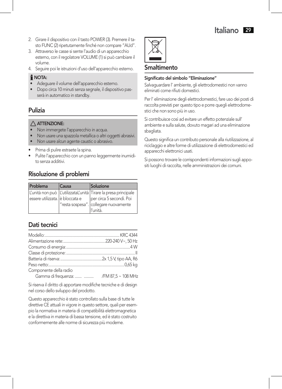 Italiano, Pulizia, Risoluzione di problemi | Dati tecnici, Smaltimento | AEG KRC 4344 User Manual | Page 29 / 58