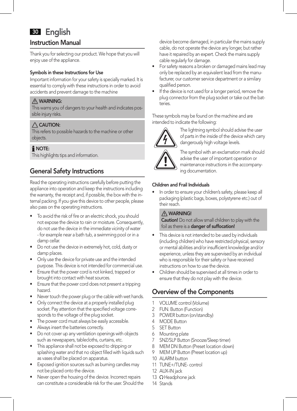 English, Instruction manual, General safety instructions | Overview of the components | AEG KRC 4344 User Manual | Page 30 / 58
