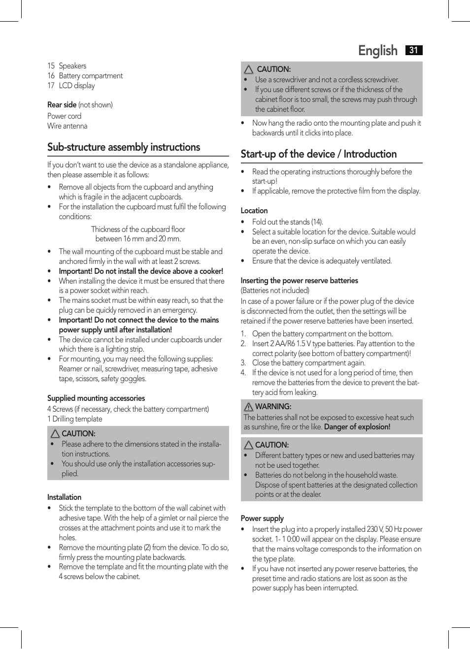 English, Sub-structure assembly instructions, Start-up of the device / introduction | AEG KRC 4344 User Manual | Page 31 / 58