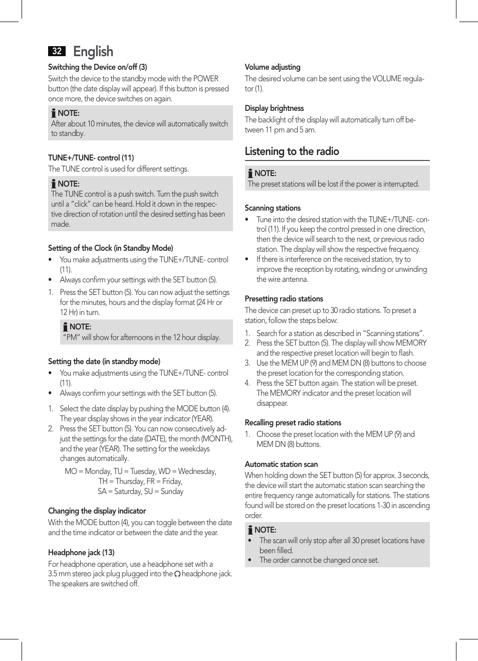 English, Listening to the radio | AEG KRC 4344 User Manual | Page 32 / 58