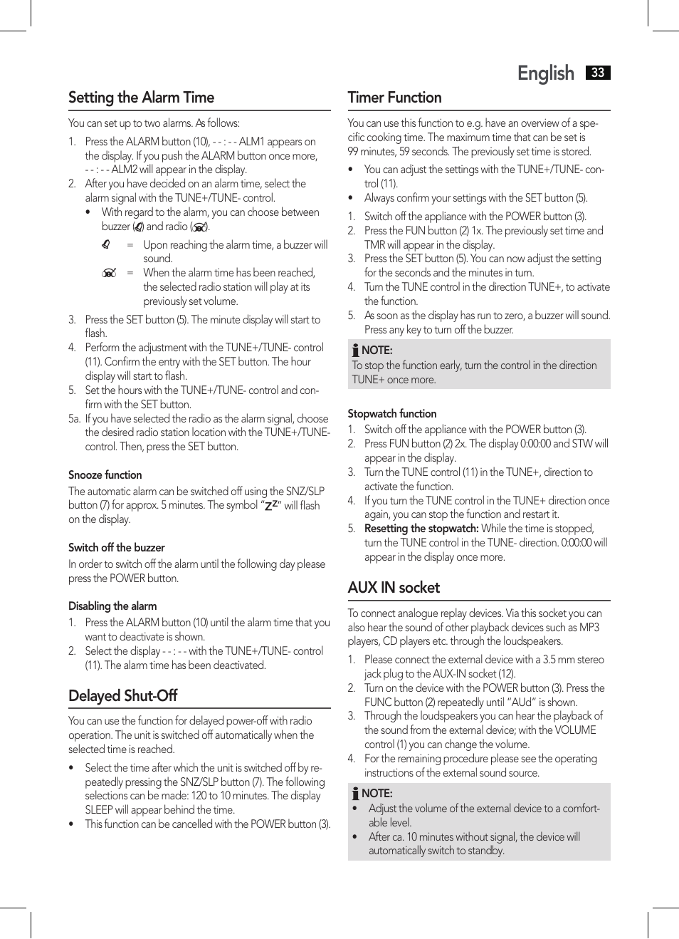 English, Setting the alarm time, Delayed shut-off | Timer function, Aux in socket | AEG KRC 4344 User Manual | Page 33 / 58
